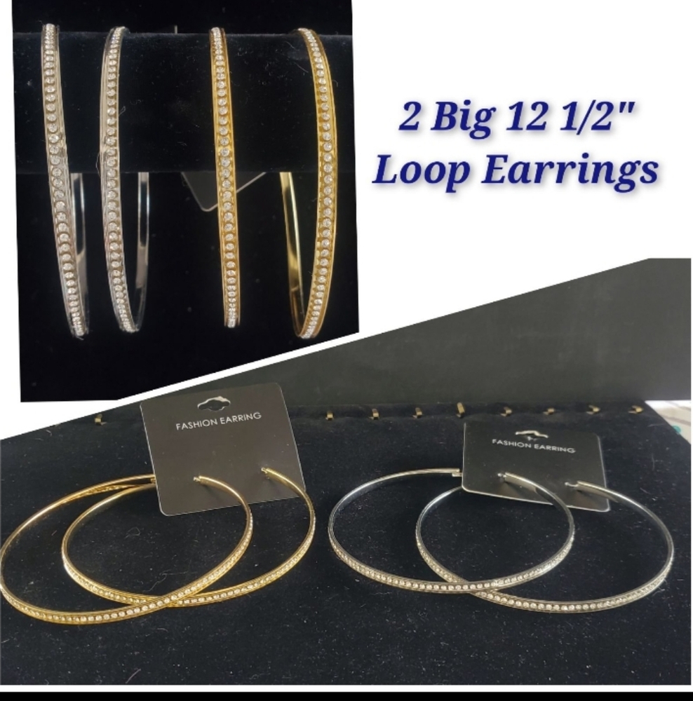NEW 2 Big Rhinestone Hoop Earrings- Silver & Gold